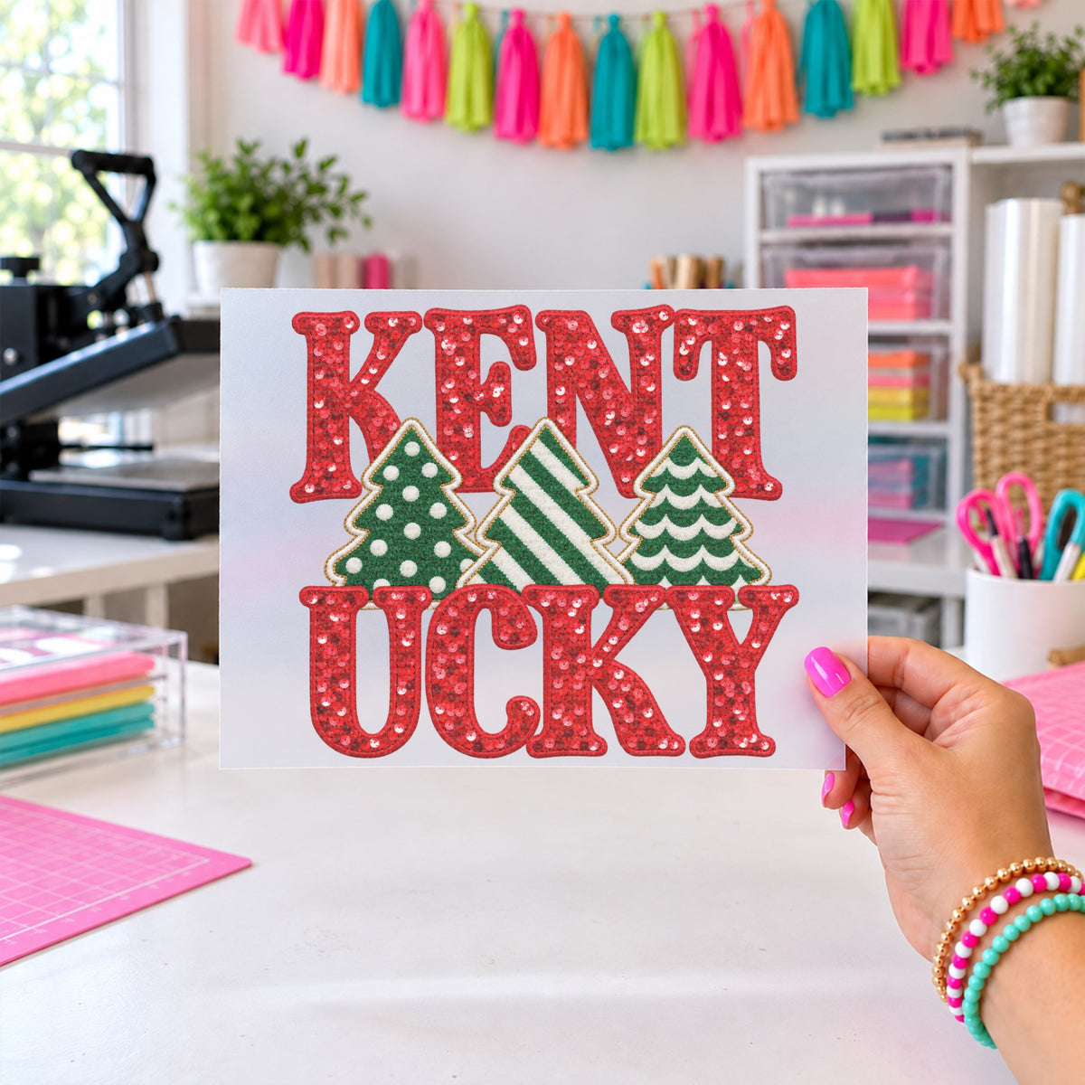 KY Red Sequin Green Trees, DTF TRANSFER